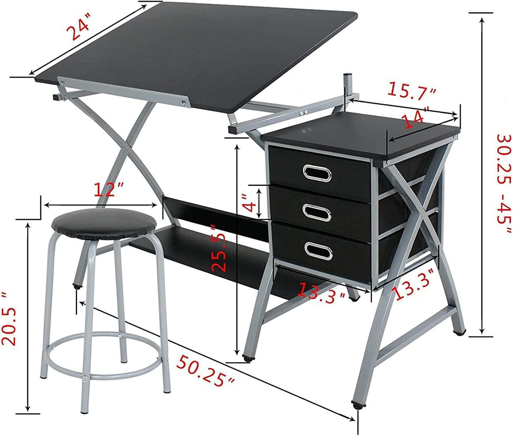 ZENY Drafting Table and Stool, Tilted Draft Table Desk w/Drawers, Artist Draw...