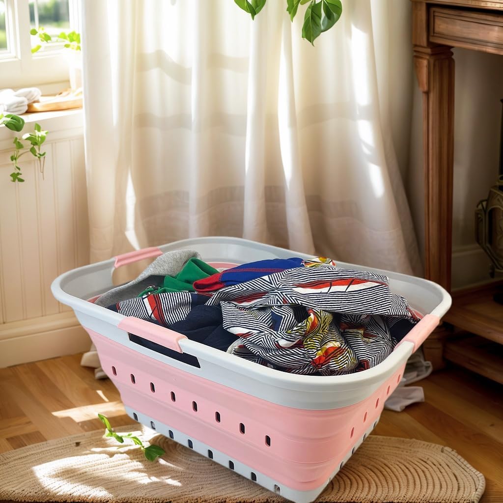 SAMMART 42L (11 gallon) Collapsible Plastic Laundry Basket - Foldable Pop Up Storage Container/Organizer - Space Saving Hamper/Basket (1, Grey/Quartz Pink)