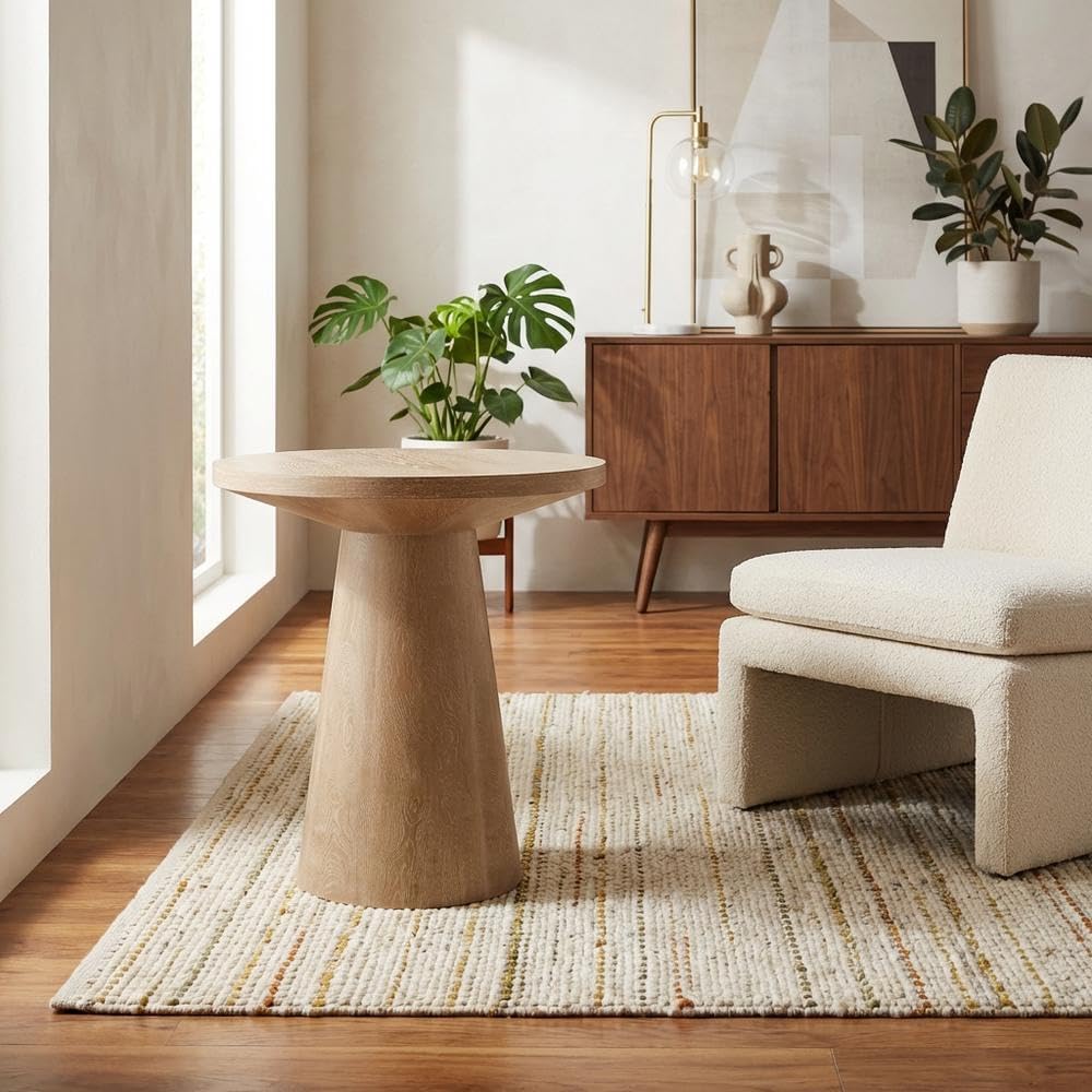 Starlight Canyon Home White Modern Round Solid Wood Pedestal End Table with E...