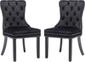 KCC Velvet Dining Chairs Set of 2, Upholstered High-end Tufted Dining Room Chair with Nailhead Back Ring Pull Trim Solid Wood Legs, Nikki Collection Modern Style for Kitchen, Black