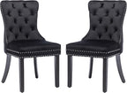 KCC Velvet Dining Chairs Set of 2, Upholstered High-end Tufted Dining Room Chair with Nailhead Back Ring Pull Trim Solid Wood Legs, Nikki Collection Modern Style for Kitchen, Black