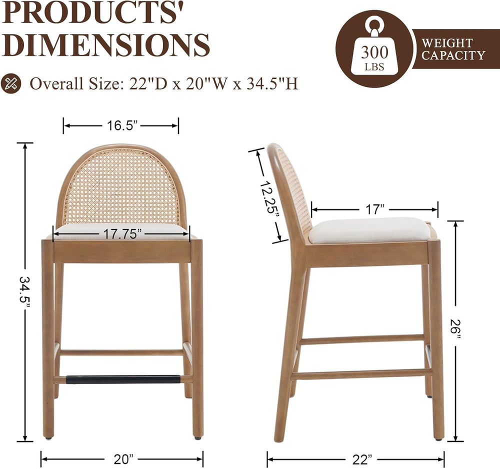 Ya-Home Mid-Century Bar Stools Set of 4, 26 Inch Rattan Back Linen Counter He...