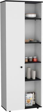 67" H Kitchen Pantry, Storage Cabinet with 1 Door, 5 Interior Shelves and 5 Exterior Shelves, White+Black, Easy to Maintain, for Dining Room