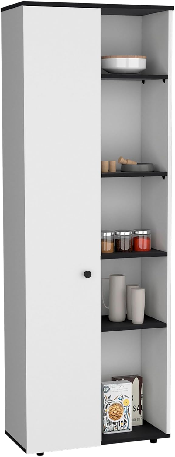 Compact 67" Kitchen Storage Cabinet, 10 Shelves, White & Black, Pant...