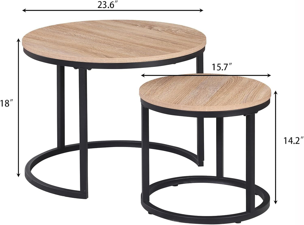 CENSI 24" Natural Oak Round Nesting Coffee Table Set of 2 | Accent Nesti...