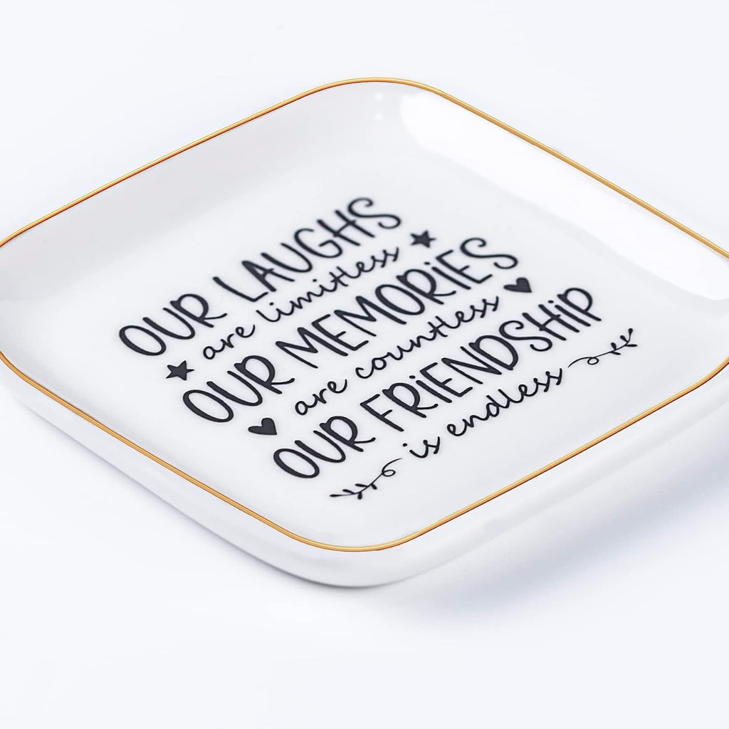 Piudee Friendship Gifts for Women Best Friend Jewelry Dish, Our Laughs are Limitless, Our Memories are Countless, Our Friendship is Endless Unique Gifts for Women, Female Friend Birthday Christmas