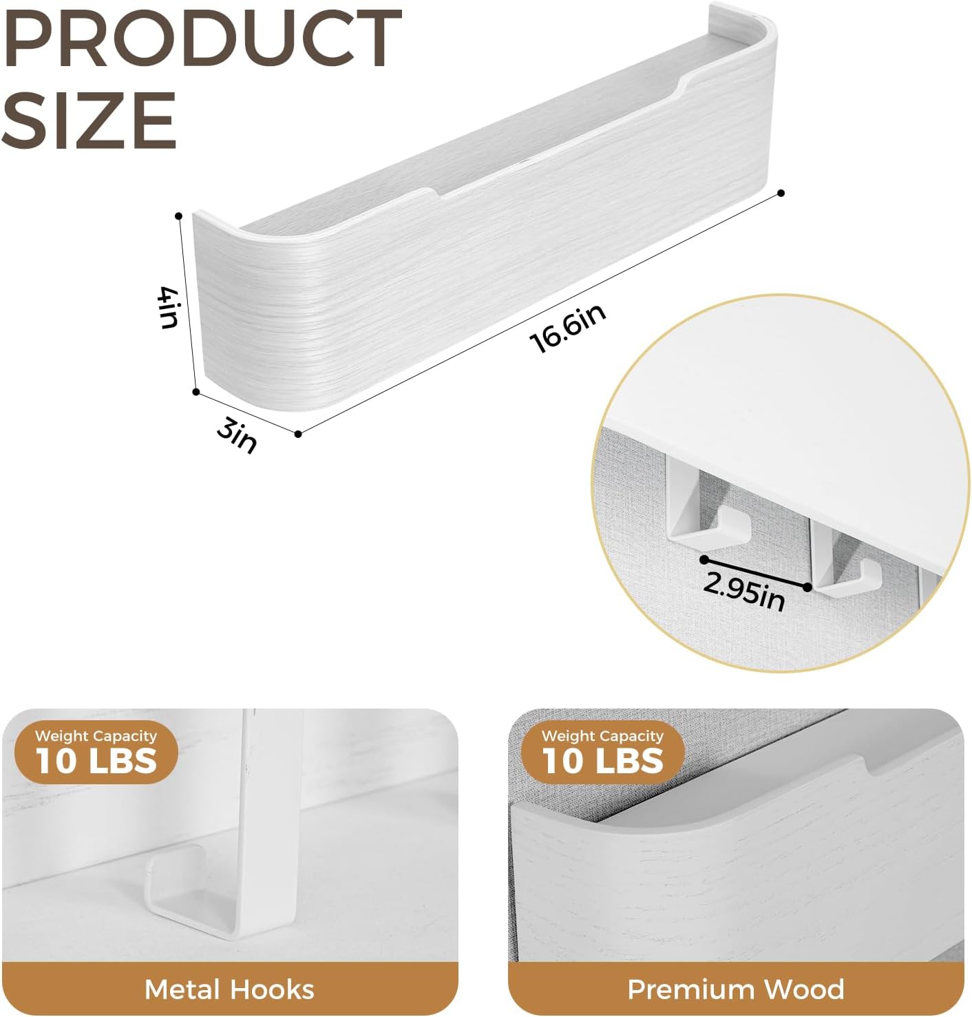 Wall Coat Rack Floating Shelves Modern Coat Rack Wall Mount with Storage Entryway Shelf Wooden Hanger 20 Inch 4 Hidden Metal Hooks for Living Room Bedroom (White, 4 Hooks)