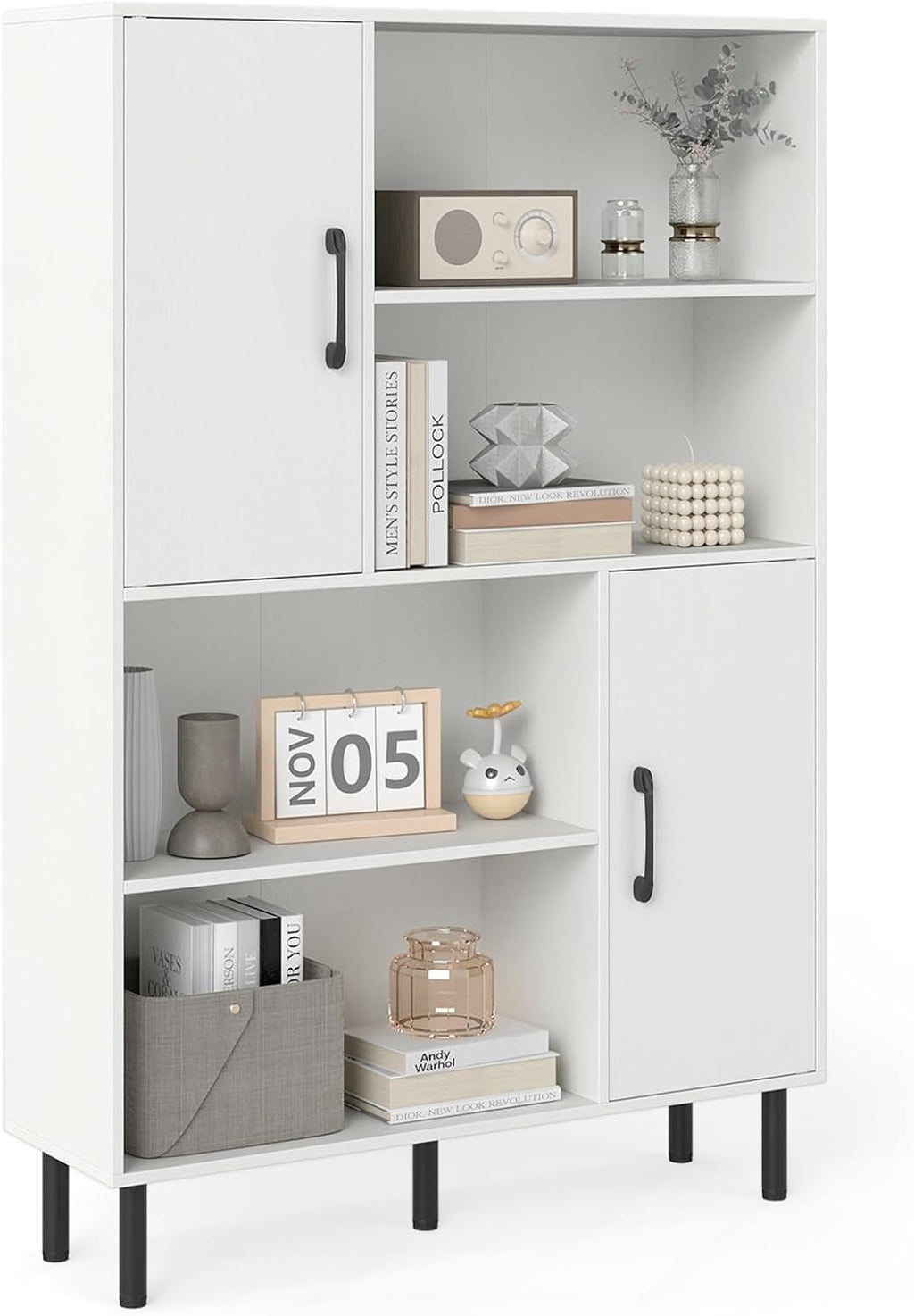 Giantex 47-Inches Storage Cabinet with Doors, Open Shelves, Anti-Tipping Device, 4-Tier Bookcase for Books & Photos, Tall Cupboard, Floor Cabinet for Living Room, Kitchen Buffet Sideboard