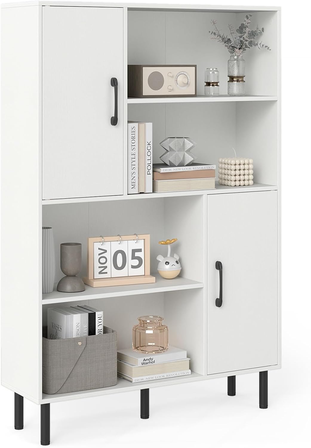 Giantex 47-Inches Storage Cabinet with Doors, Open Shelves, Anti-Tipping Device, 4-Tier Bookcase for Books & Photos, Tall Cupboard, Floor Cabinet for Living Room, Kitchen Buffet Sideboard