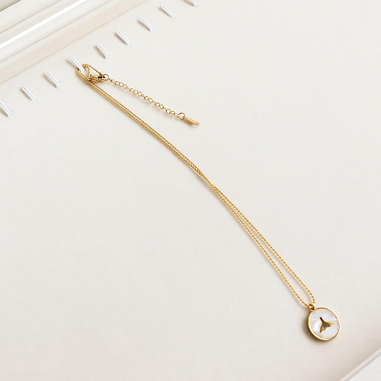 Wudygirl Necklace Organizer with Clear Glass Lid Stackable Jewelry Organizer Tray with 20 Hooks for Necklace Bracelet(Beige Necklace Box)