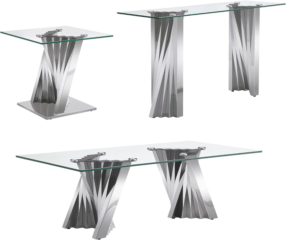 Silver Coffee Table Set of 3, Glass Coffee Table & End Table & Consol...
