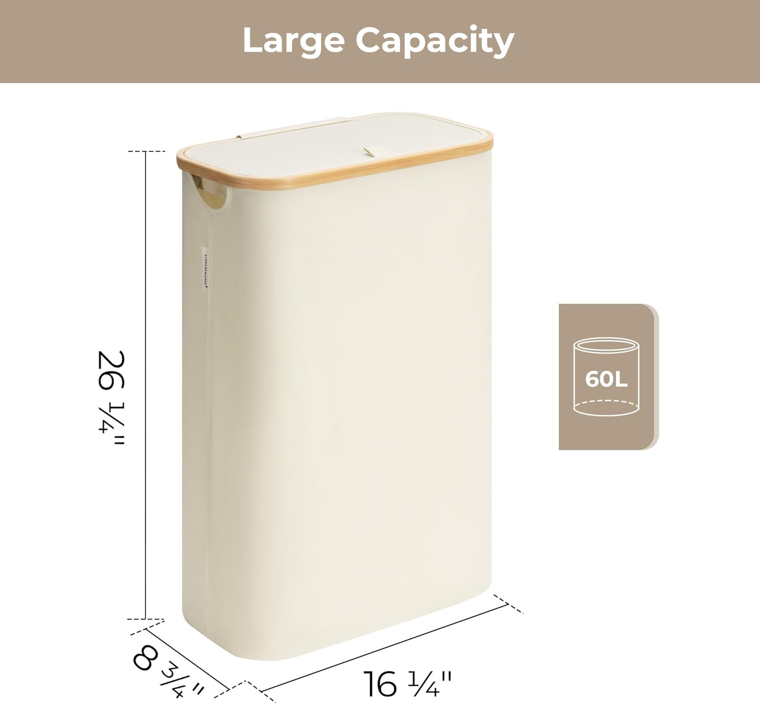 StorageWorks 60L Slim Laundry Hamper with Lid, Narrow Laundry Basket with Bamboo Handles and Inner Bag, Skinny Clothes Hamper for Laundry Room, Bathroom, Dorms, Conner, Beige