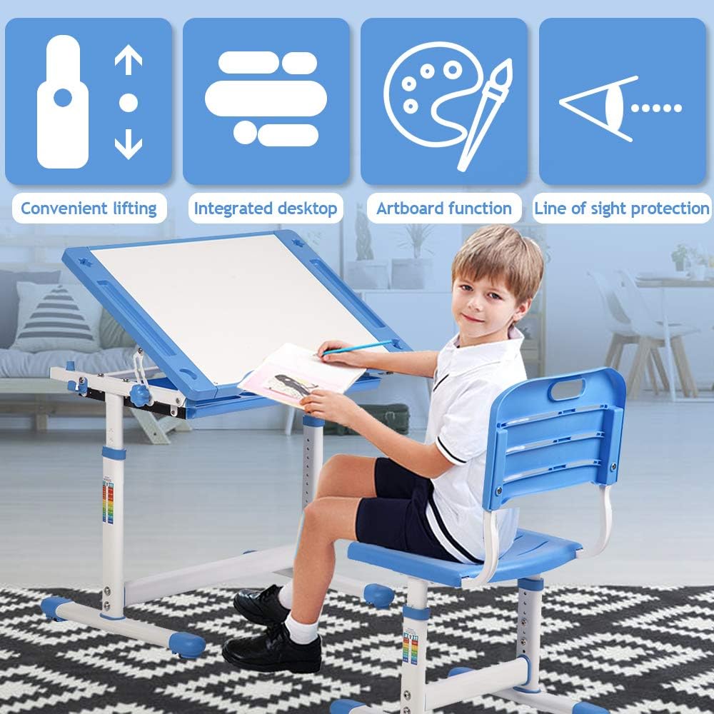 Dkeli Kids Desk and Chair Set Adjustable Height Ergonomic Children's Table with Storage Drawer Kids Study Homework Desk Table for 3-15 Years Old (Blue)