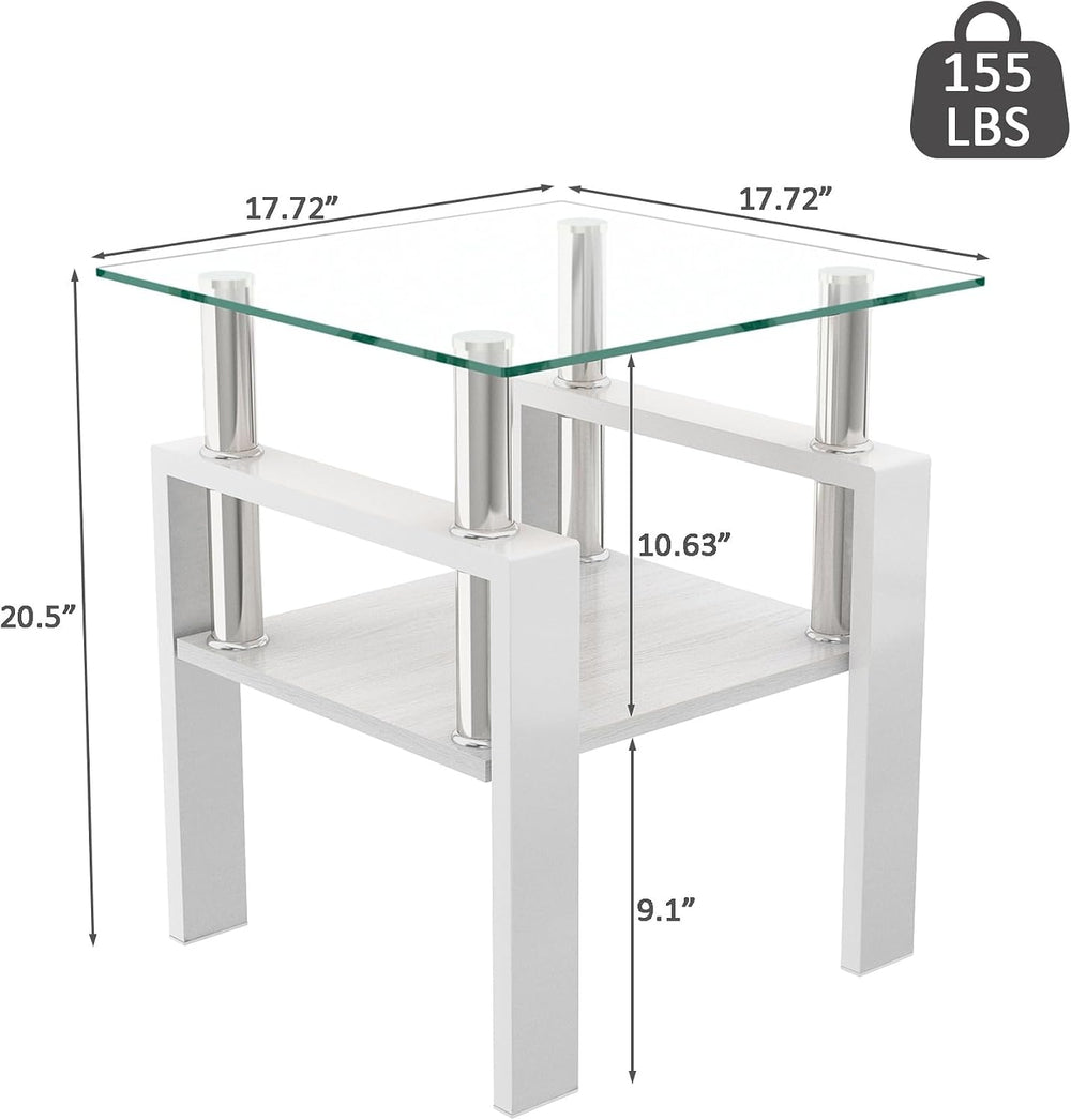 2-piece Set Modern Tempered Glass Side Table, Small Glass Top End Table, Squa...