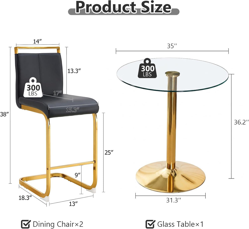 Glass Dining Table Set for 2, Round Bistro Set with Metal Frame, Compact 3-Pi...
