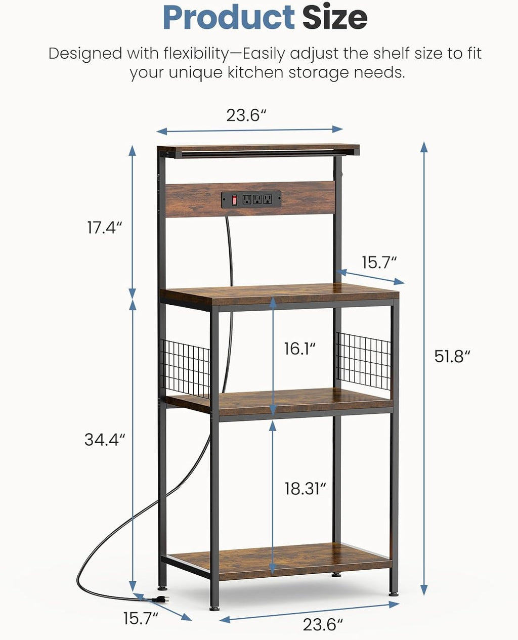 DUMOS Small Bakers Rack with Power Outlet for Kitchen Storage, 23.6" Microwave Stand, Appliance Organizer with 3 Adjustable Tiers for Small Apartment, Coffee Station, Counter Space Saving, Brown