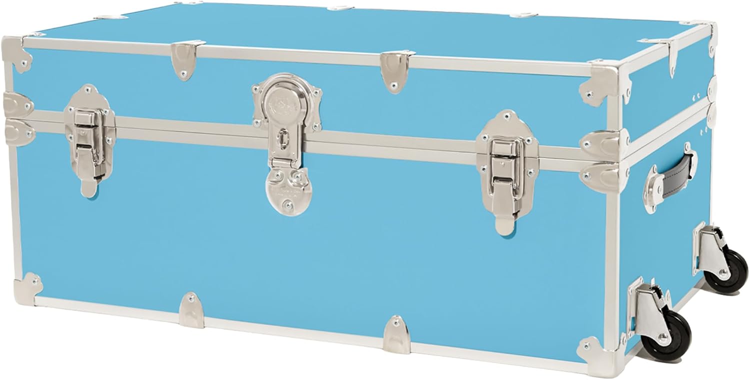 Rhino Classic XL Trunk with Wheels for Camp and Dorm, Footlocker, Chest | 34"L x 20"W x 15"H, 1500+ lb Capacity, Baltic Birch Plywood, Nickel Plated Steel, Durable, Removable, College Dorm