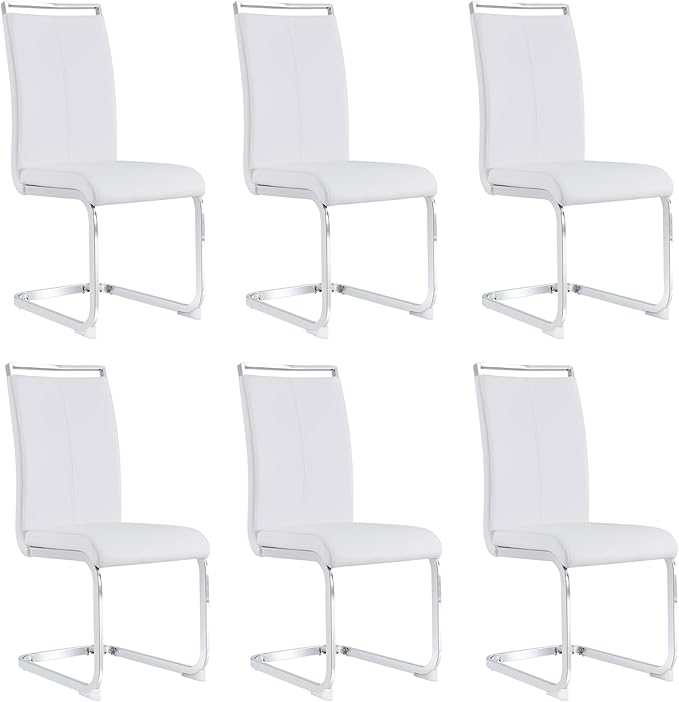 AZmac Modern Leather Dining Chairs Set of 6,Armless Kitchen Chairs,Dining Room Chairs with Upholstered Padded Seat and Sturdy Chrome Legs for Dining Room,Kitchen (Set of 6, White+PU Leather)