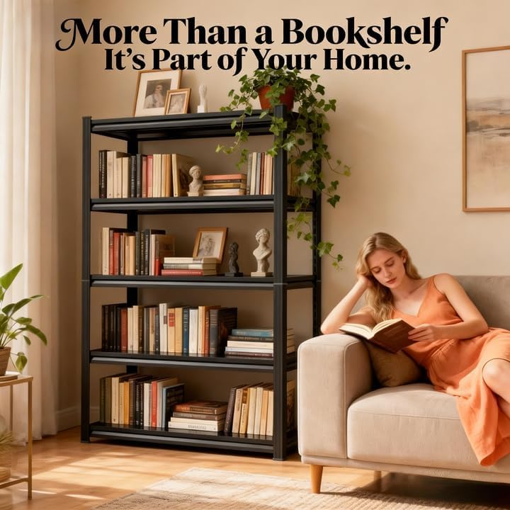Bolt-Free Metal Bookshelf, Adjustable Tall Bookcase Freestanding Book Shelf, ...