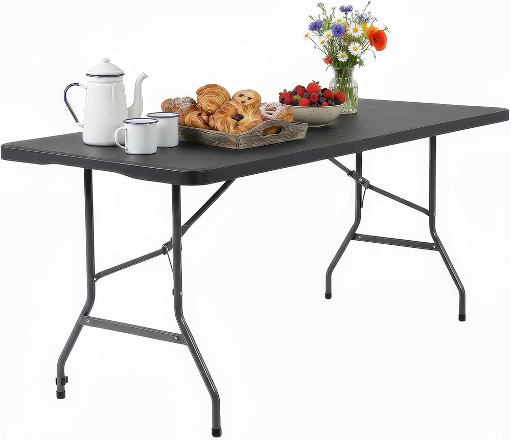 FDW | 6FT Folding Table | Black | Portable Plastic Table | with Carry Handle ...