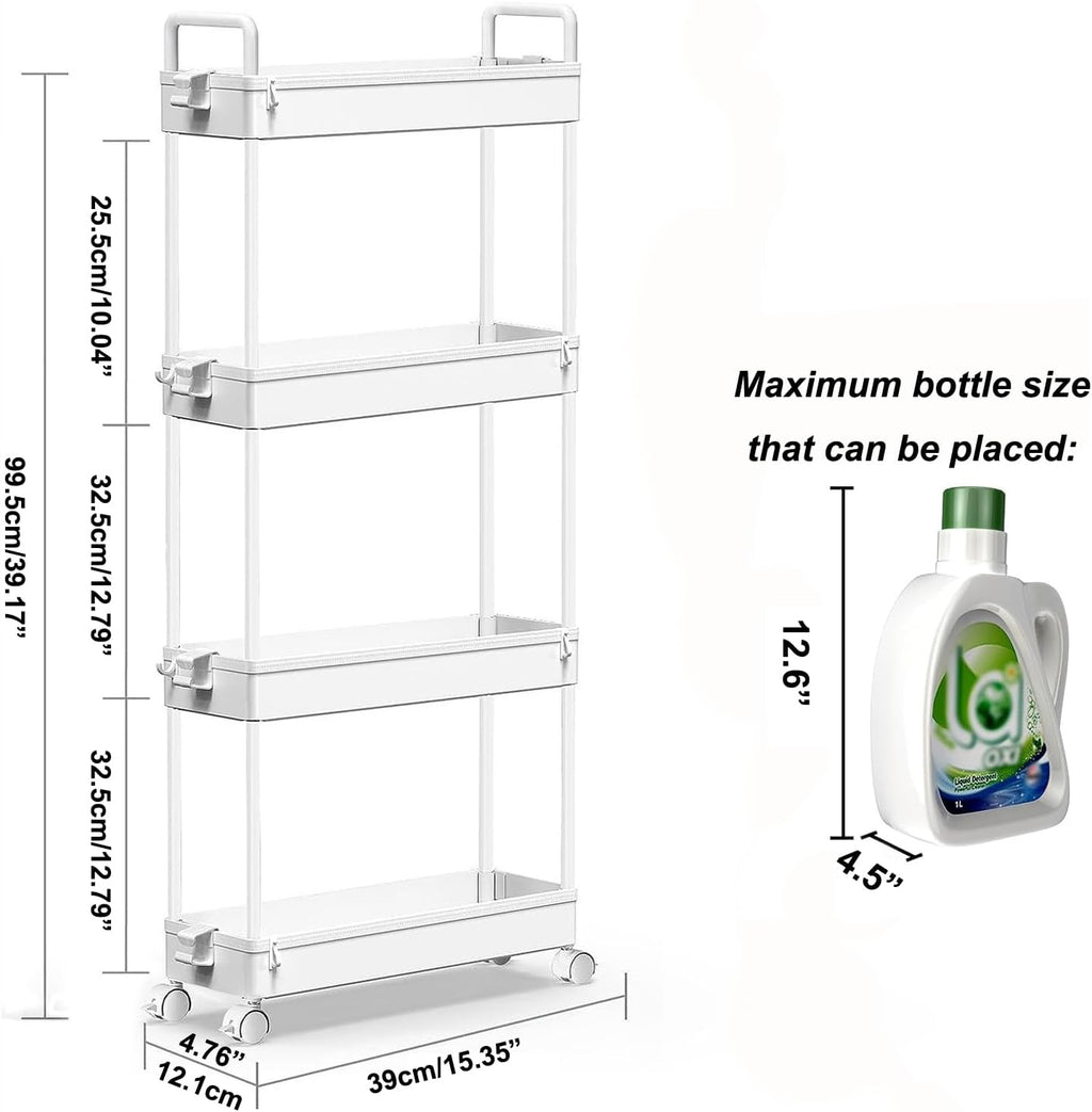 SOLEJAZZ Slim Rolling Storage Cart with Wheels 4 Tier Skinny Bathroom Storage Organizer Narrow Shelf Unit Thin Laundry Room Utility Cart for Bedside Kitchen Office Next to Fridge Small Places, White
