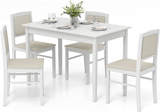 NAFORT 5-Piece Dining Table Set for 4, Mid-Century Modern Solid Wood Kitchen Room Table with 4 Upholstered Dining Chairs, Space-Saving Dinette Tables w/Rubber Wood Legs for Apartment, Office