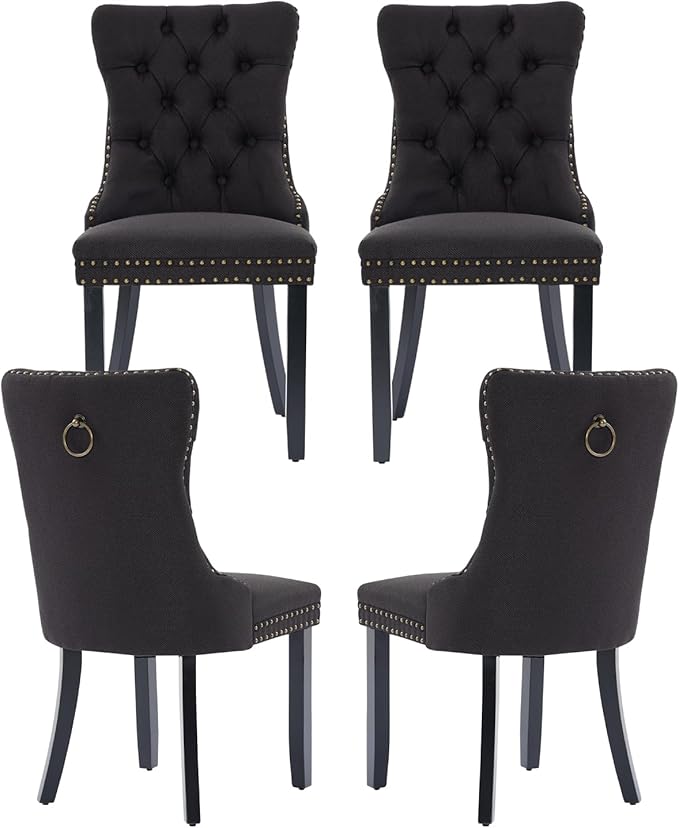 Black Upholstered Tufted Linen Fabric Dining Room Chairs - Set of 4, High Back, Nailhead Trim, Solid Wood Legs - Modern Dining Chairs