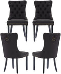 Black Upholstered Tufted Linen Fabric Dining Room Chairs - Set of 4, High Back, Nailhead Trim, Solid Wood Legs - Modern Dining Chairs