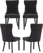 Black Upholstered Tufted Linen Fabric Dining Room Chairs - Set of 4, High Back, Nailhead Trim, Solid Wood Legs - Modern Dining Chairs