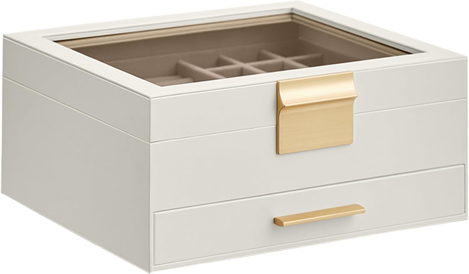 SONGMICS Jewelry Box Organizer with Glass Lid, 2-Layer Jewelry Storage, with 1 Drawer, Modern Style,Christmas Gift, 8 x 9.1 x 4.1 Inches, Cloud White and Gold Color UJBC174W01