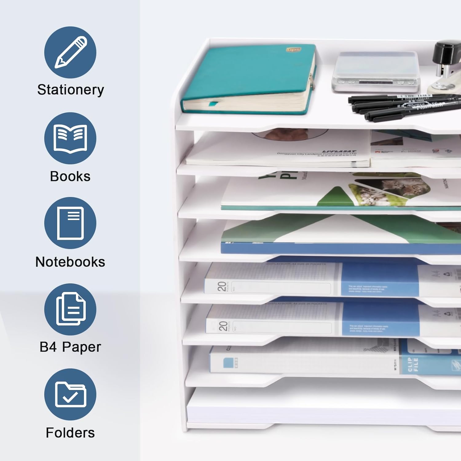 SONGWAY Large File Organizer for Desk - 8 Tier Legal Size Paper Storage Holder, File Sorter, Letter Mail Tray, Desktop Paper Storage Organizer for Home Office School