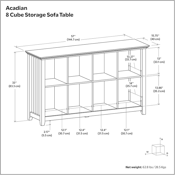 SIMPLIHOME Acadian Console Table - 57 Inch Wide Solid Wood 8-Cube Storage Sofa Table in White, Transitional Storage Unit for Living Room or Bedroom with Grooved Side Panels and Tapered Legs