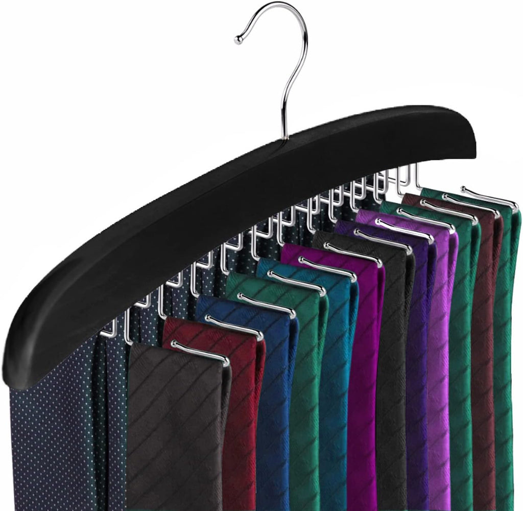 Wooden Tie Hanger,24 Tie Organizer Rack Hanger Holder Hook (Black, 24 Hooks)