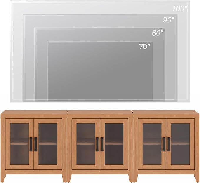 WAMPAT Farmhouse TV Stand for TVs up to 85”, Rustic Wood Entertainment Center with Adjustable Shelf, Glass Doors & Storage, Media Console Cabinet for Living-Room, Bedroom, Mocha