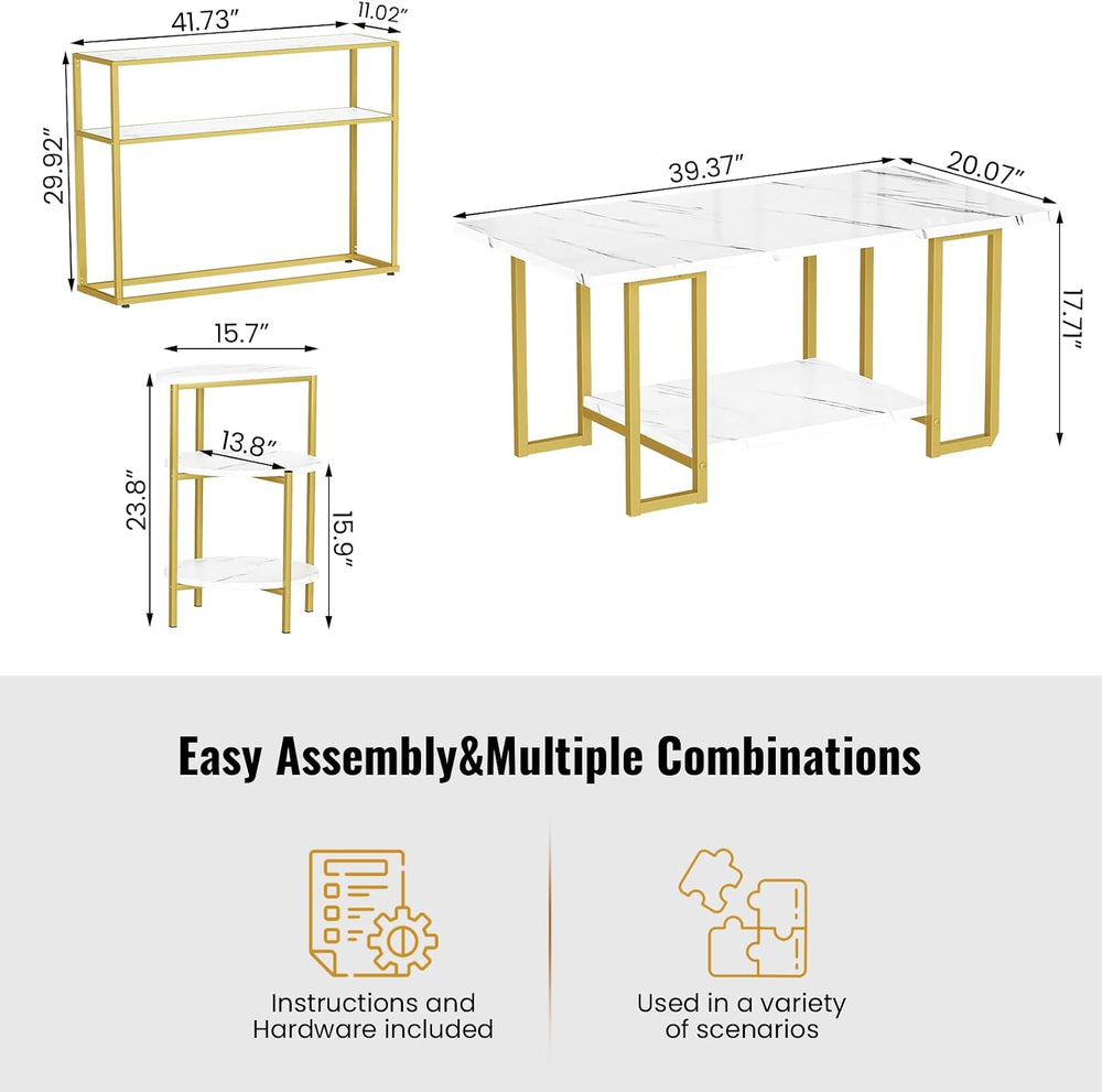 AWQM Coffee Table Set, Faux Marble Table & 2 Side Table, White&Gold |...