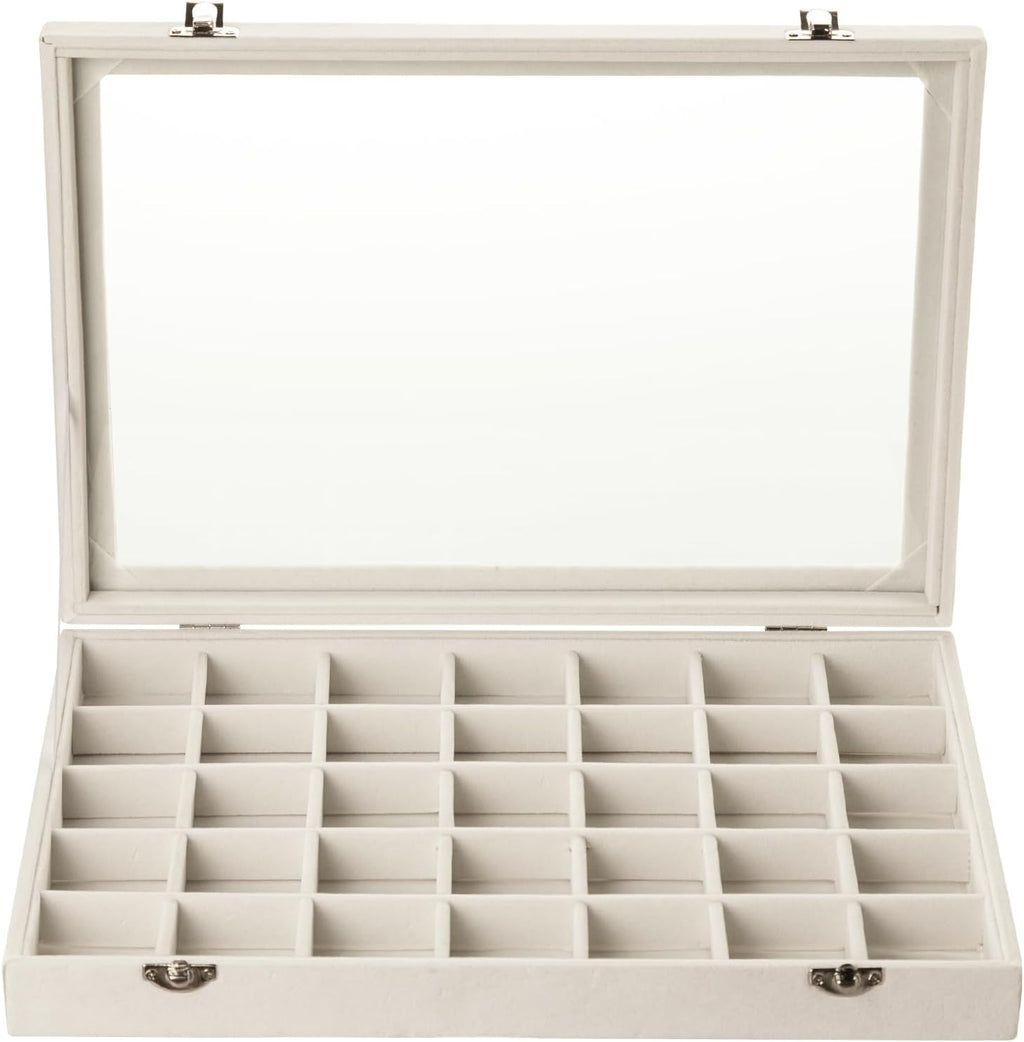 Frebeauty Velvet Jewelry Tray,35 Grid Jewelry Organizer with Clear Lid,Earring Holder Organizer Case with Clasp,Drawer Insert for Rings Studs,13.8 x 9.5 x 2 Inches,Gift for Women Girls(Beige)