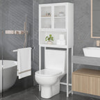 Launica Over The Toilet Storage, Industrial Bathroom Organizer Over Toilet, Freestanding Over Toilet Bathroom Storage Cabinet with Rack, Wood Metal Bathroom Space Saver Shelf Over Toilet, White Oak