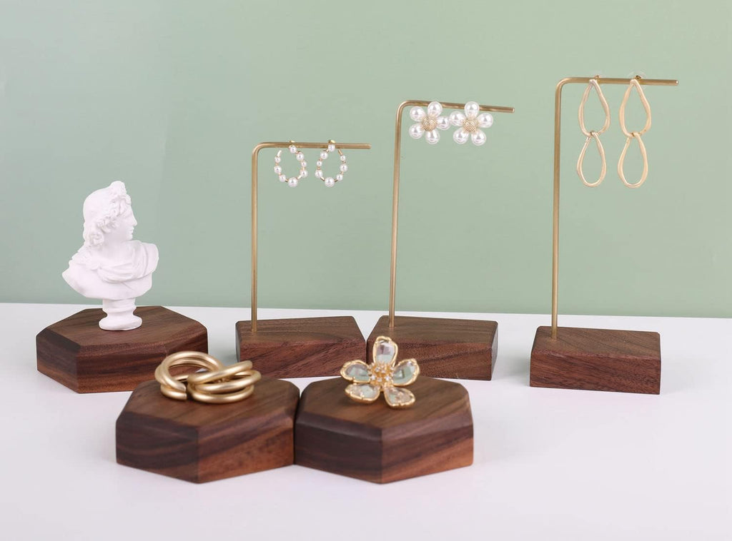 GemeShou 3pcs walnut wooden dangle earring stand holder, hoop earring displays for selling jewelry, mini brass hanger【Walnut Stand set-3pcs】