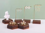 GemeShou 3pcs walnut wooden dangle earring stand holder, hoop earring displays for selling jewelry, mini brass hanger【Walnut Stand set-3pcs】