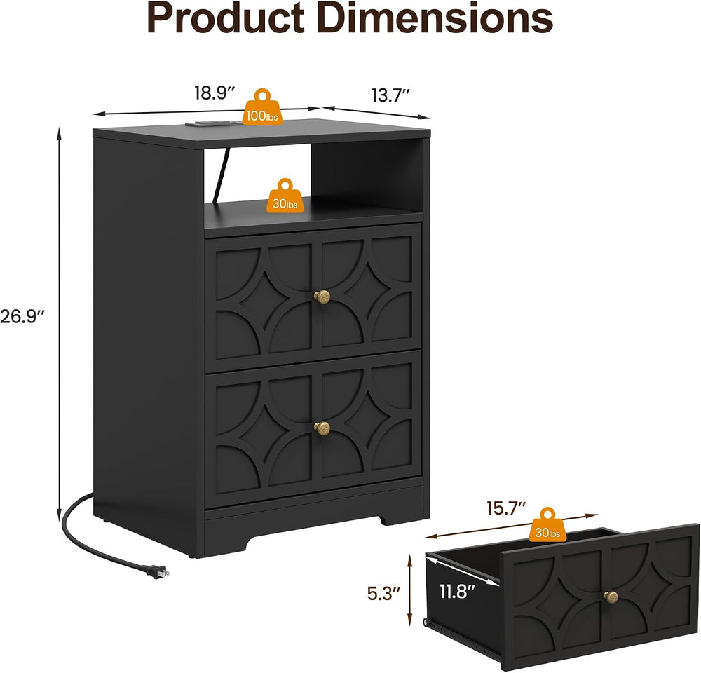 RoyalCraft Nightstand Set of 2, Large Night Stand with Charging Station, Mode...