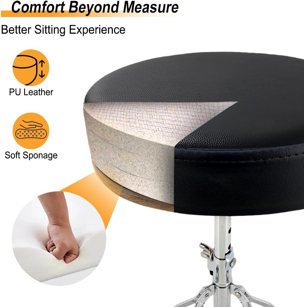Drum Throne Seat Adjustable-Height with Padded Seat Double-Braced Legs Non-Sl...