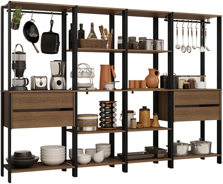 Madesa Kitchen Pantry Storage Rack with 4 Drawers, Open Shelves and Hanging S...
