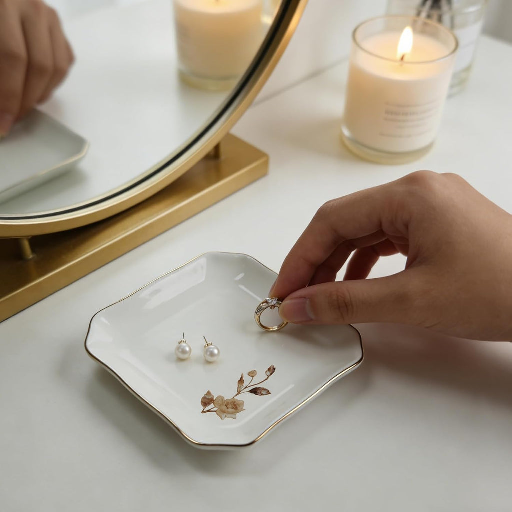 Vintage White Ceramic Jewelry Tray Ring Dish, Faux Mother of Pearl Inspired Flower Design, Decorative Small Square Floral Trinket Dish for Vanity Storage Wedding Decor (Beige Peony-Enamel)