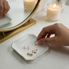 Vintage White Ceramic Jewelry Tray Ring Dish, Faux Mother of Pearl Inspired Flower Design, Decorative Small Square Floral Trinket Dish for Vanity Storage Wedding Decor (Beige Peony-Enamel)