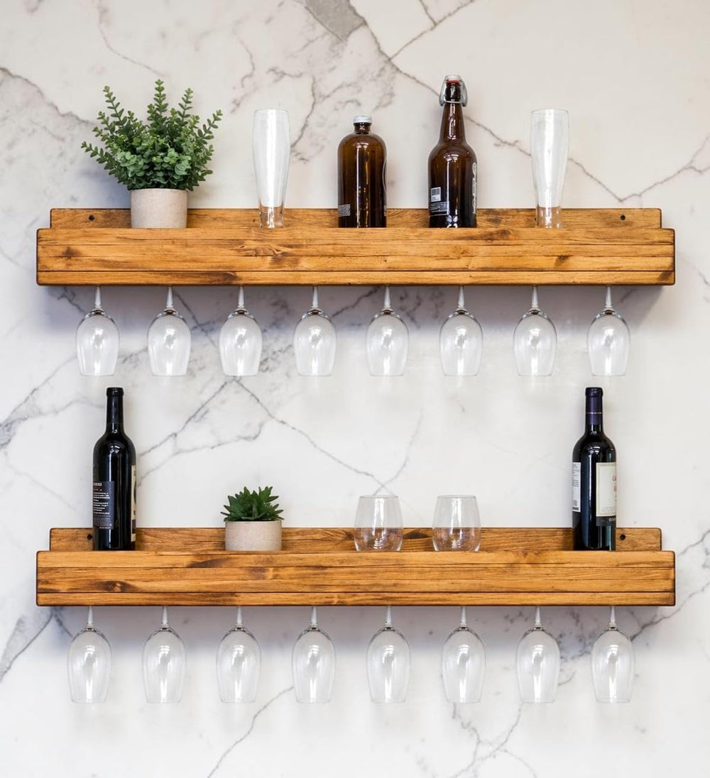 Wall Mounted Wine Rack 36" Set of 2, Solid Wood Stemware Shelves, Golden...