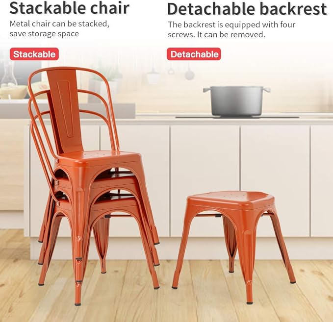 FDW | Set of 4 Metal Dining Chairs | Orange | Stackable Tolix Side Chairs wit...