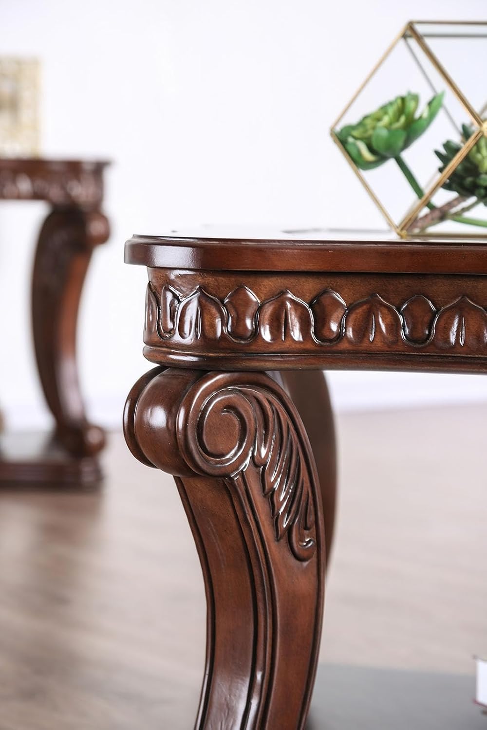 Style Coffee Table 5mm Tempered Glass Top Legs Carved Dark Oak End Table Not ...
