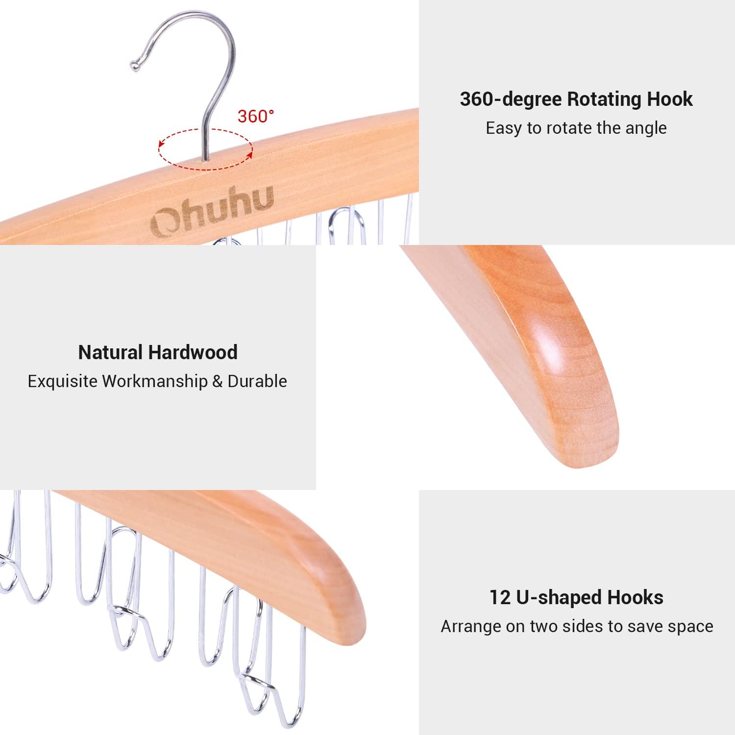 Belt Hanger Organizer for Closet: Ohuhu 12 Hooks Max 36 Belts Tie Rack Wooden Belt Holder for Storage 360 Degree Rotating Space Saver Organizer for Men Women Belt Tie Scarf Accessories-Burlywood