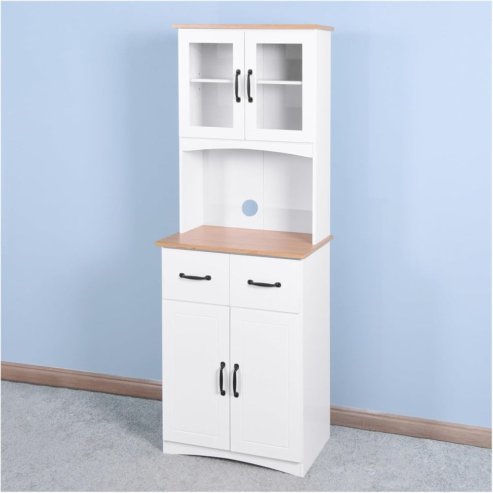 Kitchen Cabinet White Pantry Room Storage Microwave Cabinet with Framed Glass...