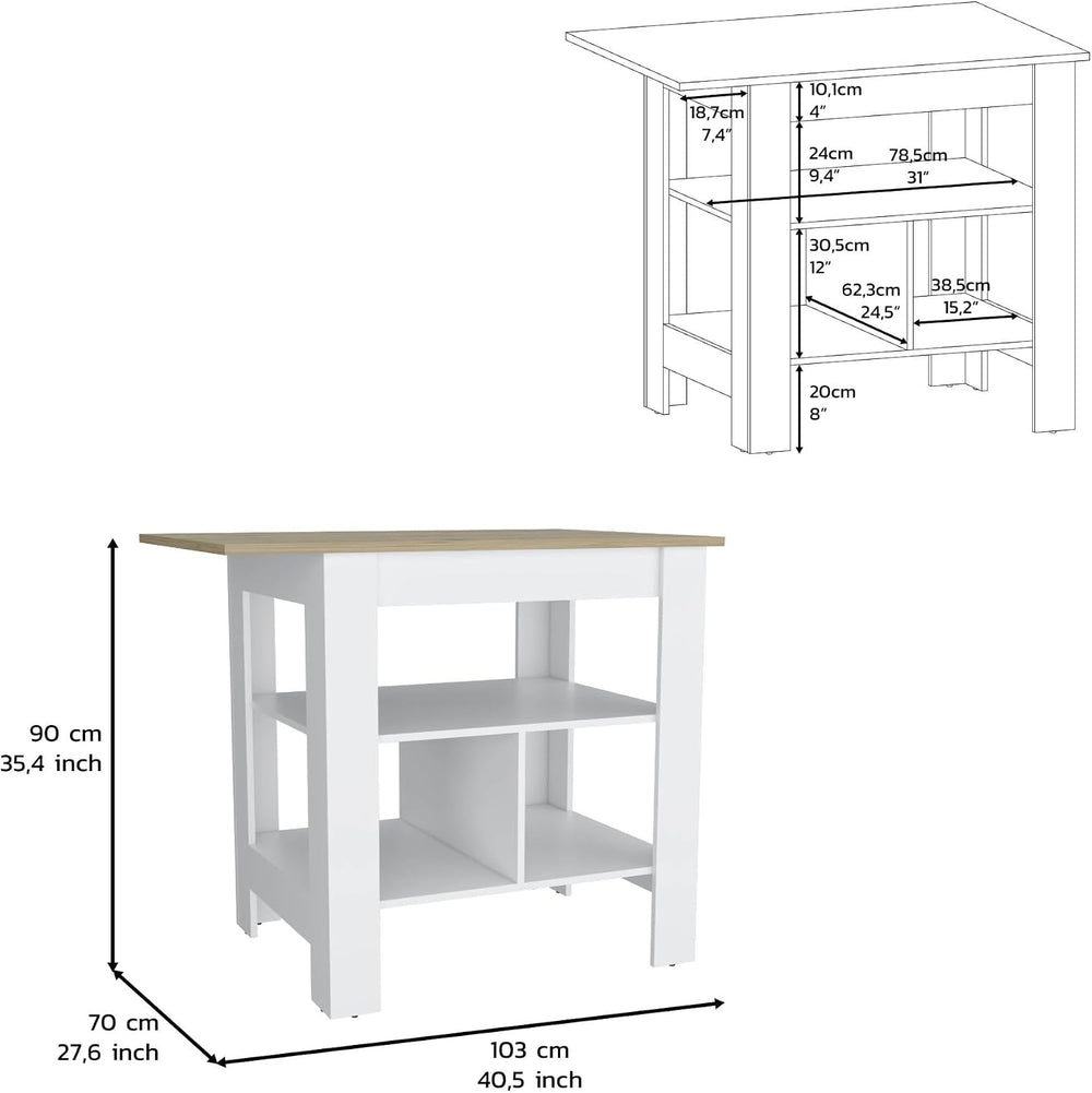Kitchen Island, Kitchen Table 35" H, 3 Open Shelves, White/Macadamia | T...